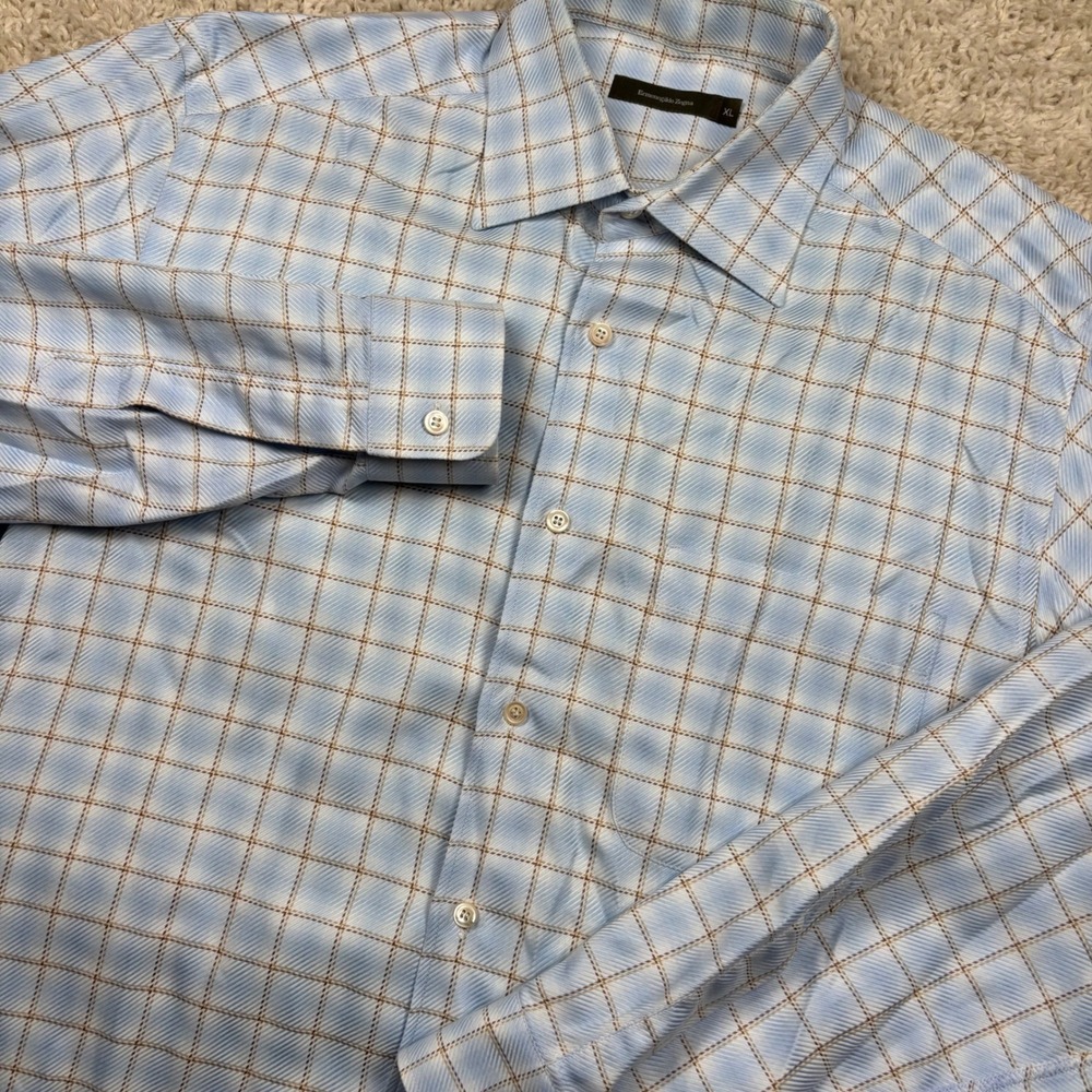 Ermenegildo Zegna Button Up Shirt Mens XL Blue Plaid Long Sleeve Cotton